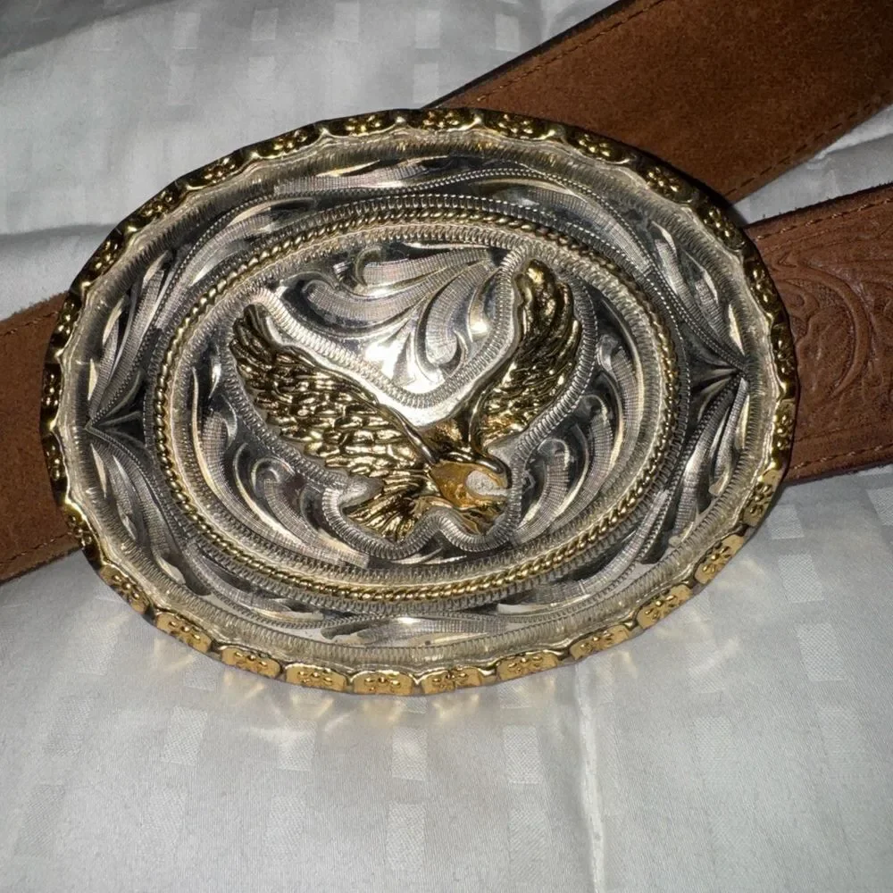 Vintage Justin Leather Belt with R-Strike Eagle Buckle (4”) Western Cowboy